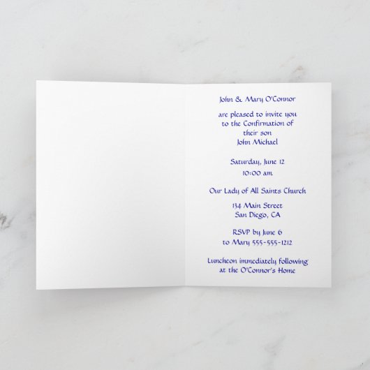 Bevestiging Blauw Damast met Zilveren Kruis (Binnen)