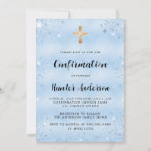 Bevestiging blauw jongetje elegant script eenvoudi kaart (Voorkant)