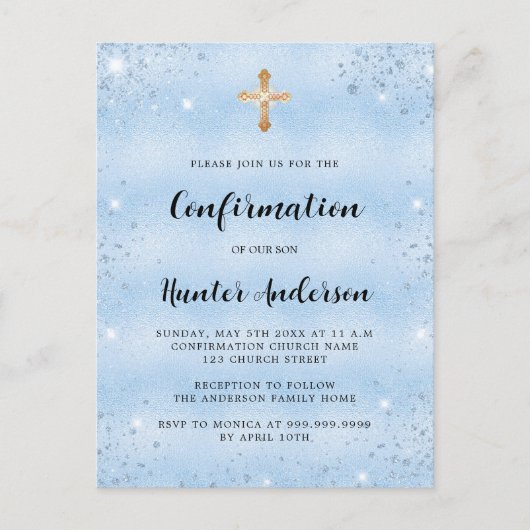 Bevestiging blauw jongetje elegant script eenvoudi uitnodiging briefkaart (Voorkant)