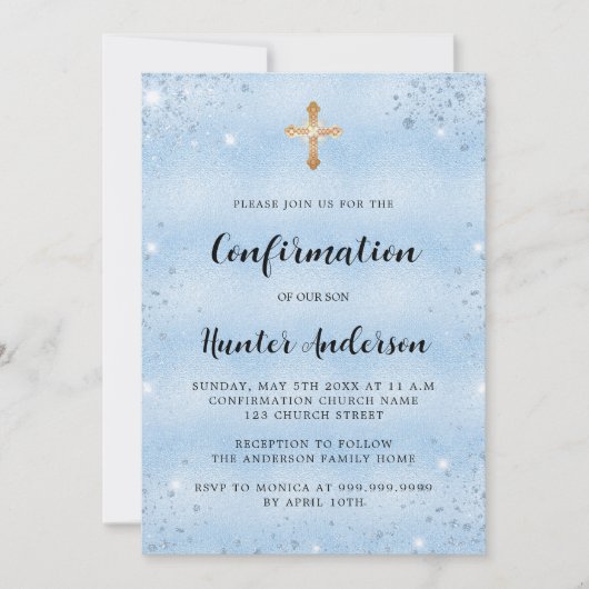 Bevestiging blauw jongetje elegant script luxe kaart (Voorkant)