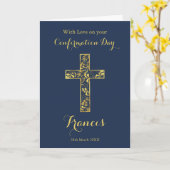 Bevestiging blauwe gouden kruisnaam kaart (Gele Bloem)