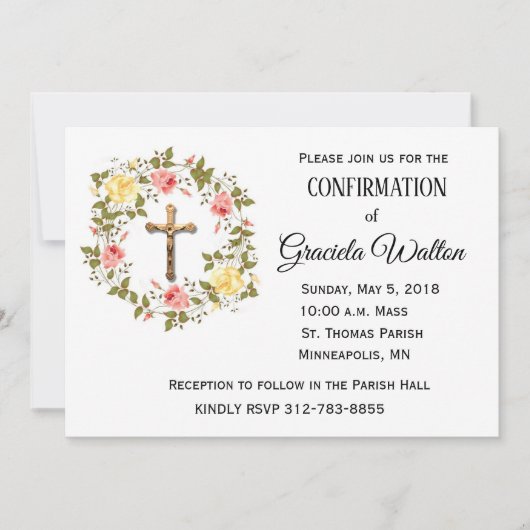 Bevestiging Bloemkrans Crucifix uitnodiging (Voorkant)