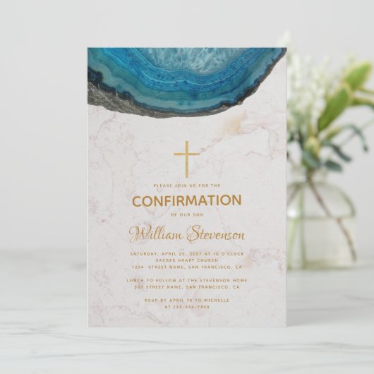 Bevestiging Blue Geode Marble Gold Cross Boy Kaart (Staand voorkant)
