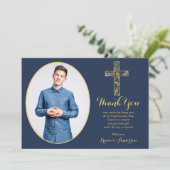 Bevestiging Blue Gold Cross Boy Foto Hartelijk dan Bedankkaart (Staand voorkant)