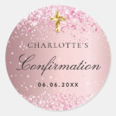 Bevestiging blush roze confetti gouden kruis ronde sticker (Voorkant)