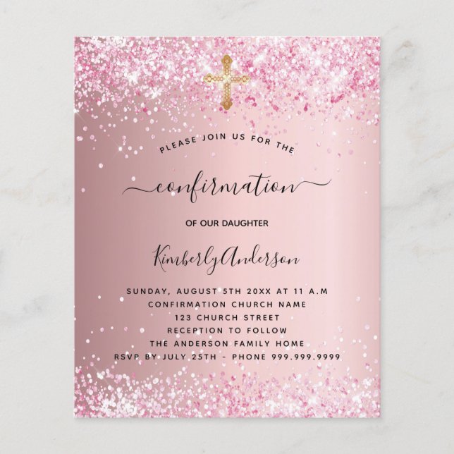 Bevestiging blush roze glitter budget uitnodiging (Voorkant)