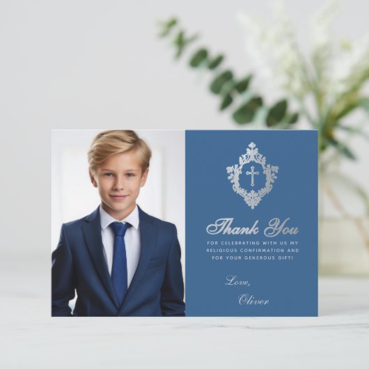 Bevestiging Classic Blue  Crest Boy Foto Bedankkaart (Staand voorkant)