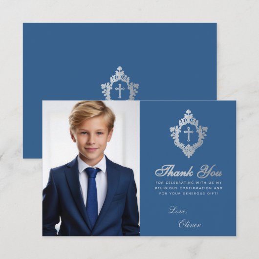 Bevestiging Classic Blue  Crest Boy Foto Bedankkaart (Voorkant / Achterkant)