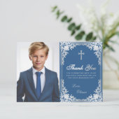 Bevestiging Classic Blue Silver Boy Foto Bedankkaart (Staand voorkant)