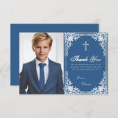 Bevestiging Classic Blue Silver Boy Foto Bedankkaart (Voorkant / Achterkant)