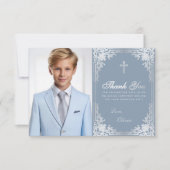 Bevestiging  Dusty Blue Silver Boy Foto Bedankkaart (Voorkant)