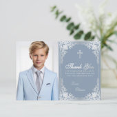 Bevestiging  Dusty Blue Silver Boy Foto Bedankkaart (Staand voorkant)