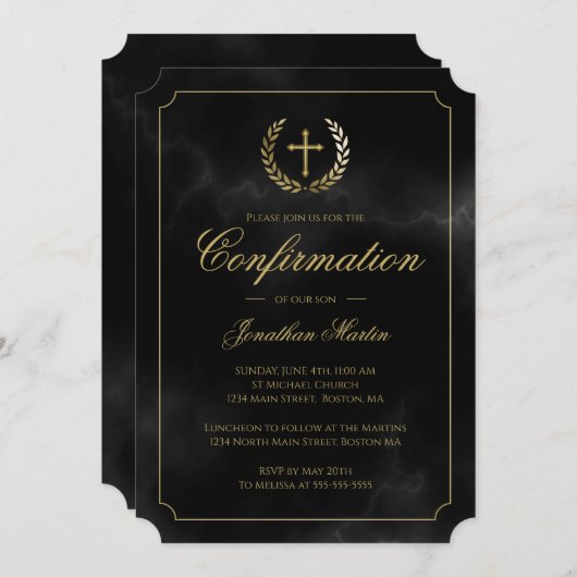 Bevestiging Elegant Black Marble Gold Script Boy Kaart (Voorkant / Achterkant)