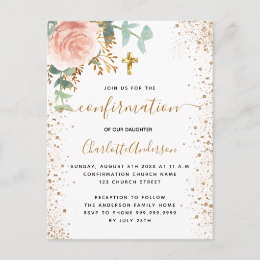 Bevestiging eucalyptus bleekroze meisje met roze b uitnodiging briefkaart (Voorkant)