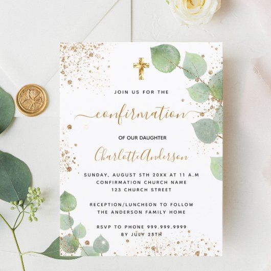 Bevestiging eucalyptus greenery gold glitter girl uitnodiging briefkaart