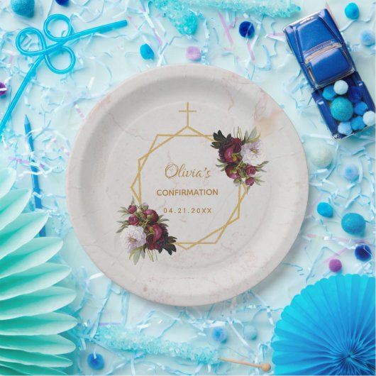 Bevestiging Floral Bourgondische pioenrozen Marmer Papieren Bordje (Feest)