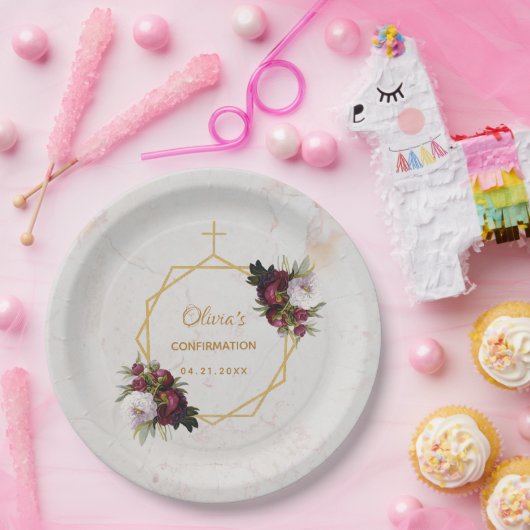 Bevestiging Floral Bourgondische pioenrozen Marmer Papieren Bordje (Feest)