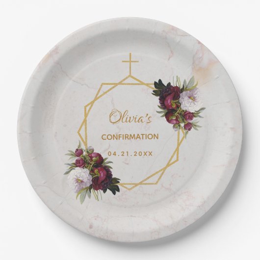 Bevestiging Floral Bourgondische pioenrozen Marmer Papieren Bordje (Voorkant)