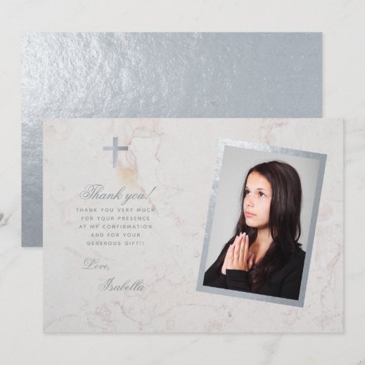 Bevestiging Foto Faux Zilver Wit Marmer Script Bedankkaart (Voorkant / Achterkant)