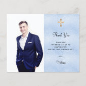 Bevestiging foto jongen blauw budget dank u kaart (Voorkant)