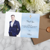 Bevestiging foto kruis blauwe jongen dank u kaart