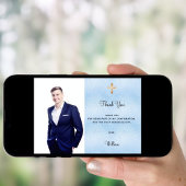 Bevestiging foto kruis blauwe jongen dank u kaart