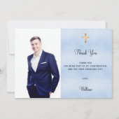 Bevestiging foto kruis blauwe jongen dank u kaart (Voorkant)