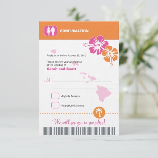 Bevestiging instapkaart Hawaii Wedding RSVP Kaartje (Staand voorkant)