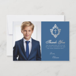 Bevestiging Klassiek Blauw Vintage Wapenschild Jon Bedankkaart