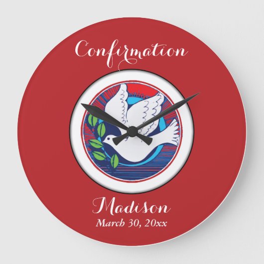 Bevestiging Kleurrijke Duif op Rode Achtergrond Grote Klok (Voorkant)