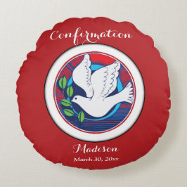 Bevestiging Kleurrijke Duif op Rode Achtergrond Rond Kussen