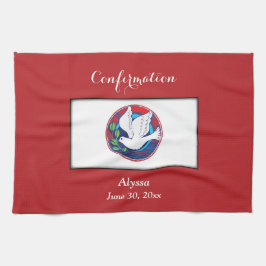 Bevestiging Kleurrijke Duif op Rode Achtergrond Theedoek