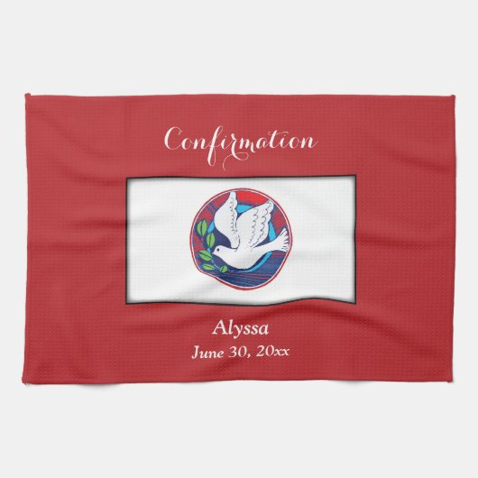 Bevestiging Kleurrijke Duif op Rode Achtergrond Theedoek (Horizontaal)