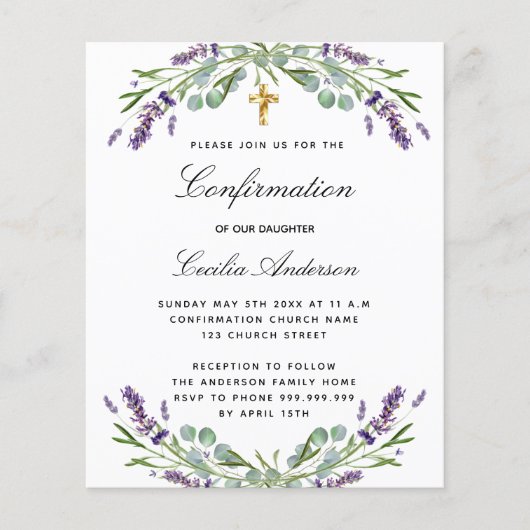 Bevestiging lavender floral budget uitnodiging flyer (Voorkant)