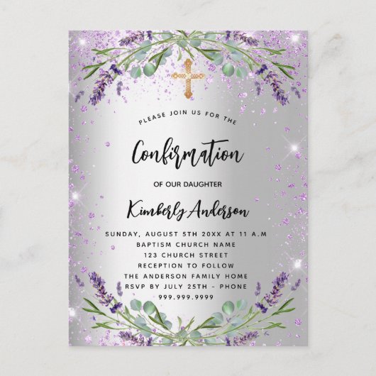 Bevestiging lavender Silver Violet sparkles girl Uitnodiging Briefkaart (Voorkant)