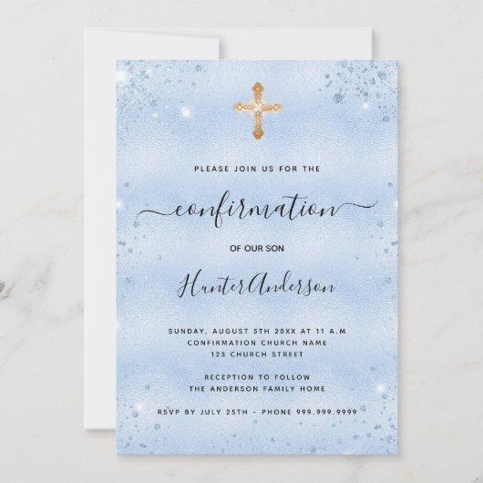 Bevestiging lichtblauwe goudkruisjongen kaart (Voorkant)
