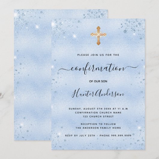 Bevestiging lichtblauwe goudkruisjongen kaart (Voorkant / Achterkant)