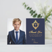 Bevestiging Marine Blauw Faux Goud Crest Jongen Fo Bedankkaart (Staand voorkant)