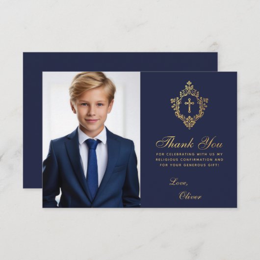 Bevestiging Marine Blauw Faux Goud Crest Jongen Fo Bedankkaart (Voorkant / Achterkant)