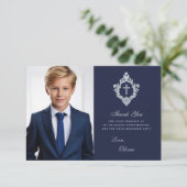 Bevestiging Marine Blauw Faux Zilver Crest Jongen Bedankkaart (Staand voorkant)