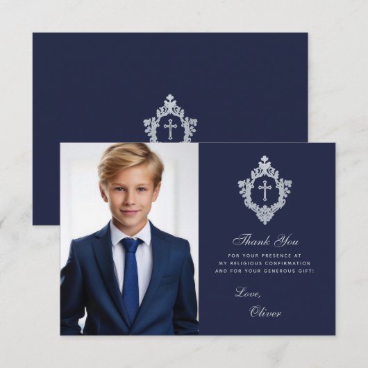 Bevestiging Marine Blauw Faux Zilver Crest Jongen Bedankkaart (Voorkant / Achterkant)