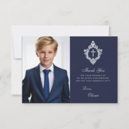 Bevestiging Marine Blauw Faux Zilver Crest Jongen  Bedankkaart