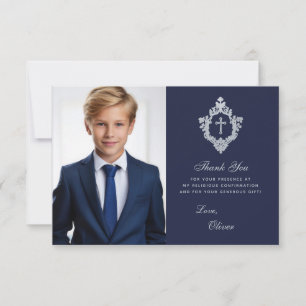 Bevestiging Marine Blauw Faux Zilver Crest Jongen  Bedankkaart