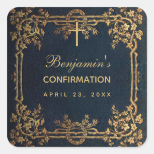 Bevestiging marineblauw elegante  gouden wijnstokk vierkante sticker