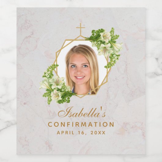 Bevestiging Meisje Foto Marmer Goud Wit Lelies Wijn Etiket (Enkel label)