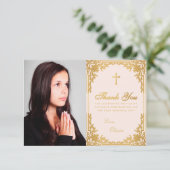 Bevestiging Meisje Foto Roze Goud  Kruis Bedankkaart (Staand voorkant)