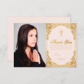 Bevestiging Meisje Foto Roze Goud  Kruis Bedankkaart (Voorkant / Achterkant)