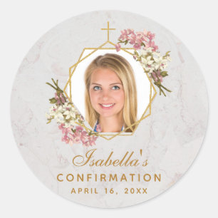 Bevestiging Meisje Foto Roze Orchideeën Goud Marme Ronde Sticker