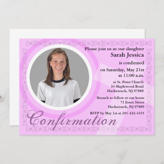 Bevestiging meisje uitnodiging roze (Voorkant / Achterkant)