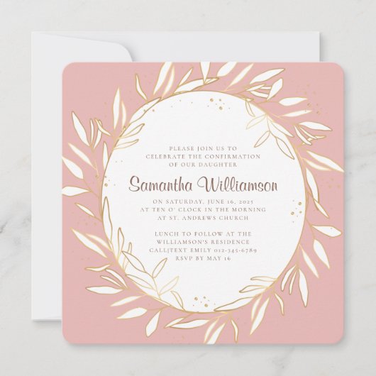 Bevestiging Moderne Gouden Foliage op Roze Kaart (Voorkant)